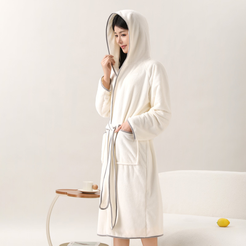 Halat de baie cu glugă, stil wrap, din coral fleece, 100% poliester, pentru iarnă, unisex