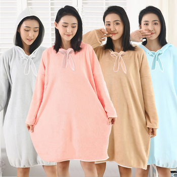 Halat de baie cu glugă, velur coral, mâneci lungi, model de iarnă pentru femei