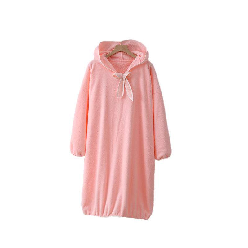 Halat de baie cu glugă, velur coral, mâneci lungi, model de iarnă pentru femei