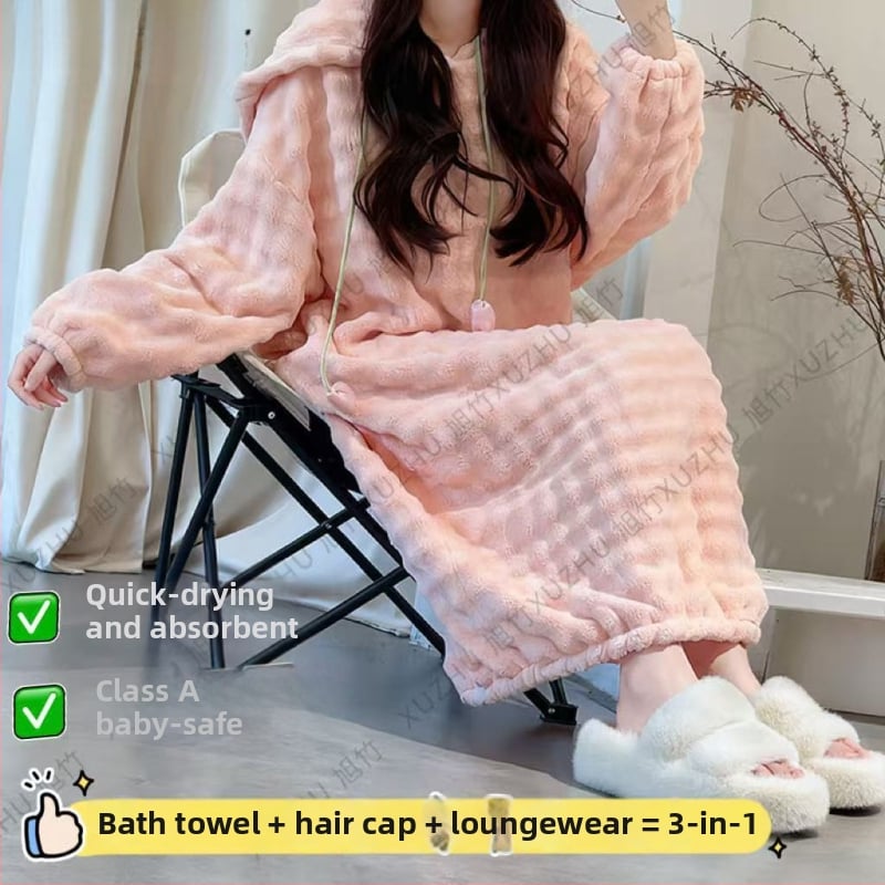 Halat de baie purtabil, absorbant, cu glugă și mâneci lungi; material întărit, prietenos cu pielea, pentru iarnă.