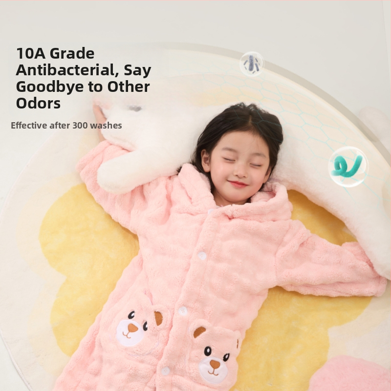 Halat de baie pentru copii, cu glugă, din fleece coral, pentru iarnă