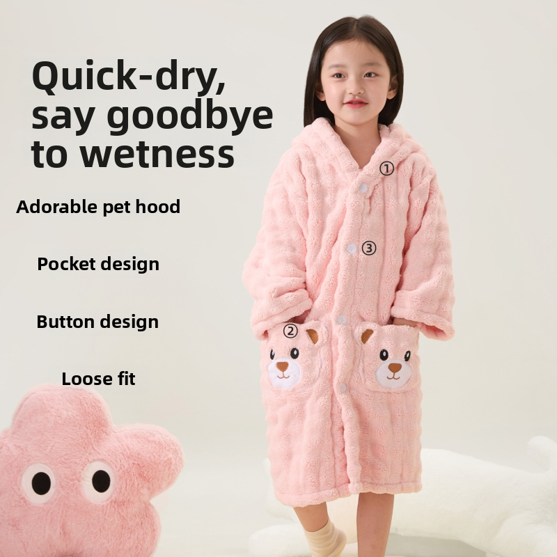 Halat de baie pentru copii, cu glugă, din fleece coral, pentru iarnă