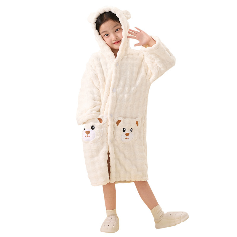 Halat de baie pentru copii, cu glugă, din fleece coral, pentru iarnă