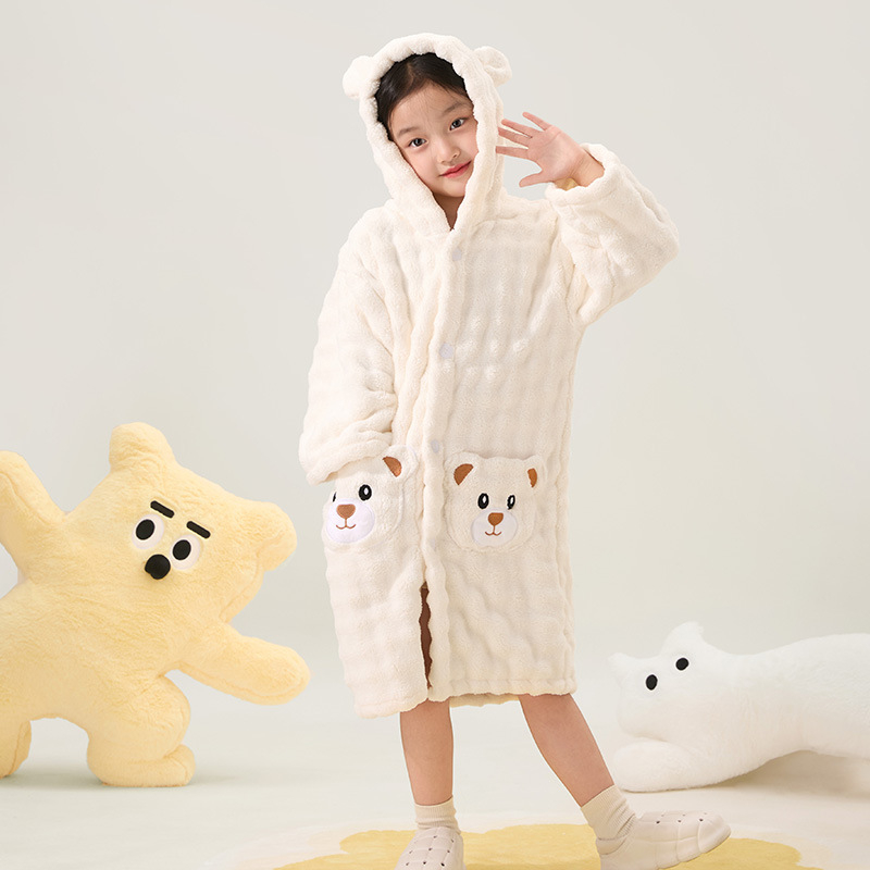 Halat de baie pentru copii, cu glugă, din fleece coral, pentru iarnă