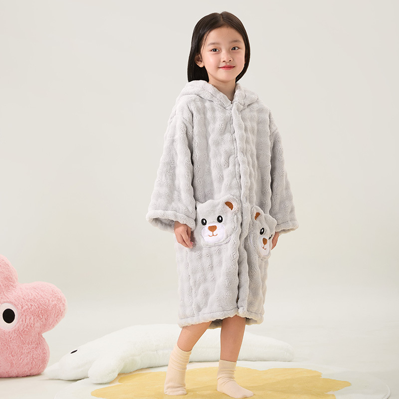 Halat de baie pentru copii, cu glugă, din fleece coral, pentru iarnă