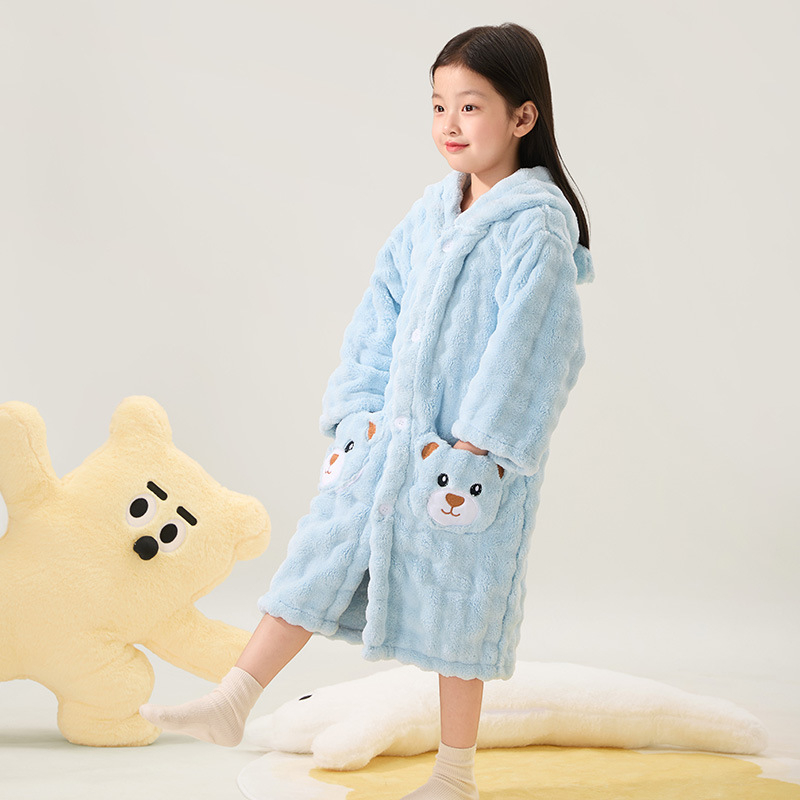 Halat de baie pentru copii, cu glugă, din fleece coral, pentru iarnă