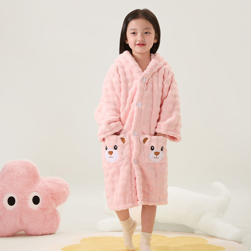 Halat de baie pentru copii, cu glugă, din fleece coral, pentru iarnă