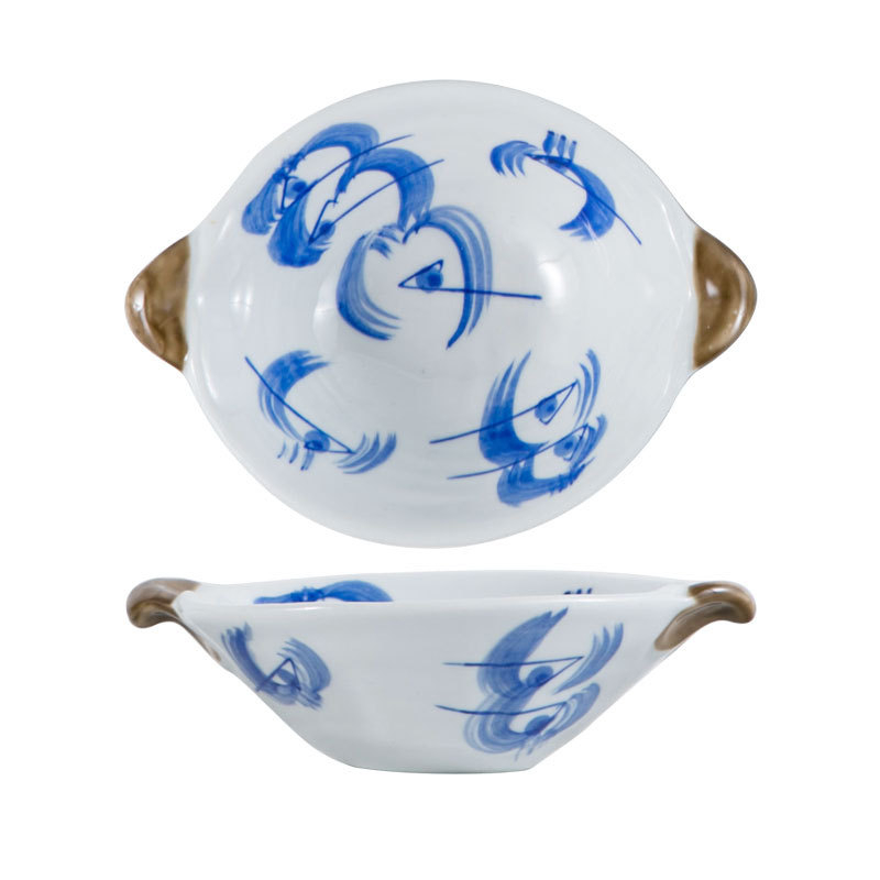 Ιαπωνικού στυλ χειροποίητο πορσελάνινο πιάτο φρούτων με υπό γλάσο διακόσμηση και σετ ντιπ με ωοειδή μπολάκια, ριγέ σχέδιο