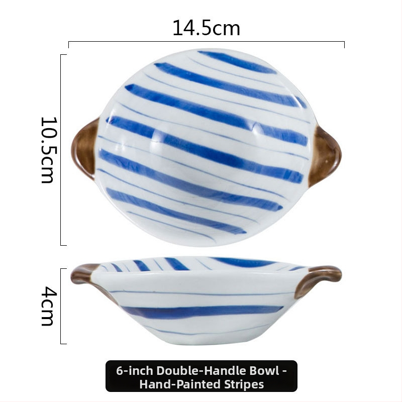 Japonijos stiliaus rankų dažytas porcelianinis vaisių lėkštė su underglaze dažais ir dip indų rinkinys su ovaliais dubenėliais, dryžių raštas, mikrobangų krosnelė saugu