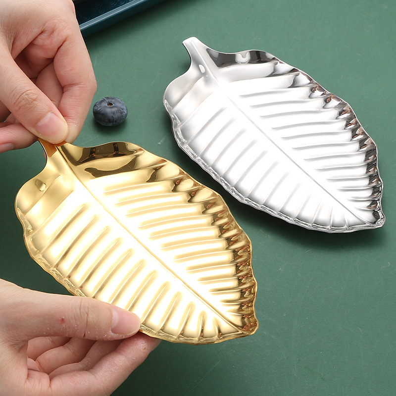 Δίσκος από ανοξείδωτο ατσάλι σε σχήμα φύλλου, ρηχός, με μοτίβο λουλουδιών, μοντέρνο μινιμαλιστικό στυλ; δυνατότητα εκτύπωσης λογότυπου και προσαρμογής