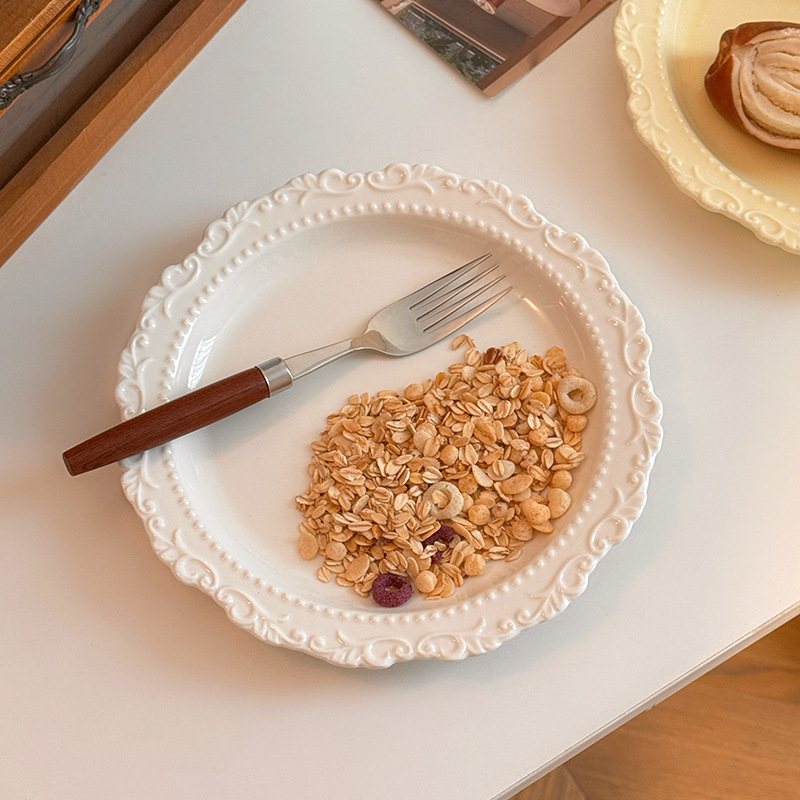 Keramički tanjur za desert s reljefom, okrugli, s podglazurnim premazom, mikrovalno siguran, moderan minimalistički stil