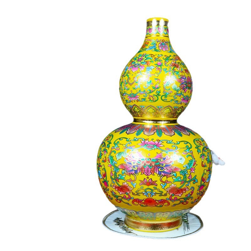 Vază ceramică cu glazură emailată și detalii din sârmă aurie, în formă de dovleac, stil chinezesc pentru decorul casei
