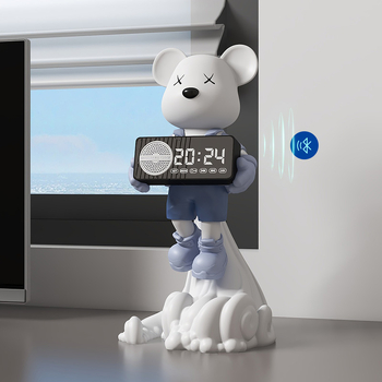 Ornament ceas pendul cu urs spațial – rășină, desen animat, stil modern minimalist; potrivit pentru living, hol, vitrină pentru vin, comodă TV; Brand Yizhi Xin.