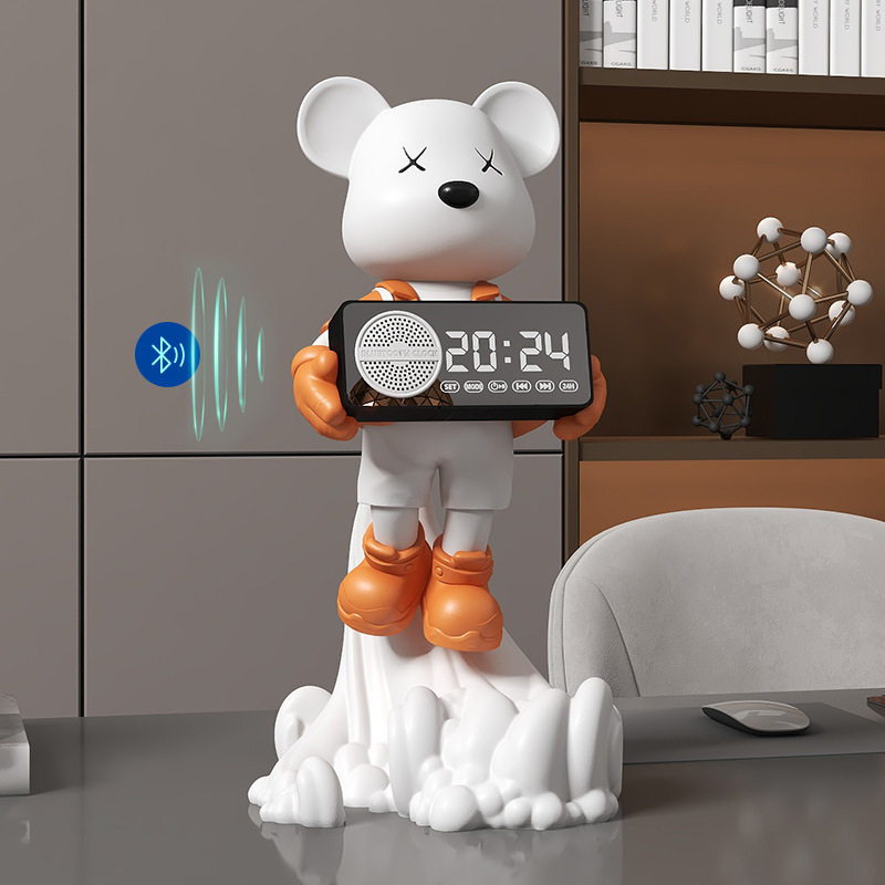 Ornament ceas pendul cu urs spațial – rășină, desen animat, stil modern minimalist; potrivit pentru living, hol, vitrină pentru vin, comodă TV; Brand Yizhi Xin.