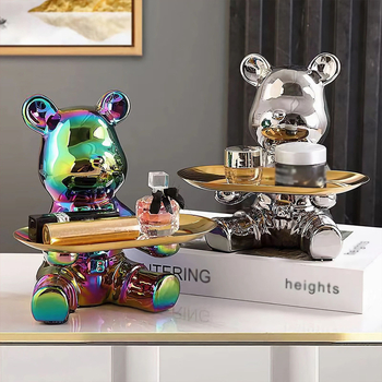 Керамична мечка с поднос - съхранение на ключове, настолна декорация и монетник, прост модерен стил, електроплатиране