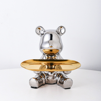 Керамична мечка с поднос - съхранение на ключове, настолна декорация и монетник, прост модерен стил, електроплатиране