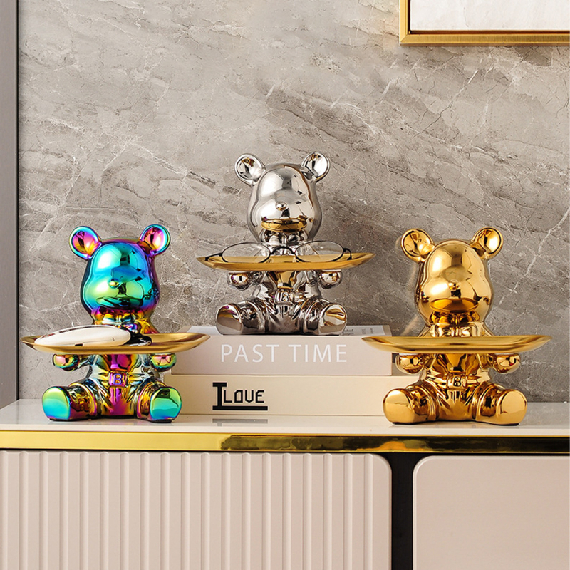 Керамична мечка с поднос - съхранение на ключове, настолна декорация и монетник, прост модерен стил, електроплатиране