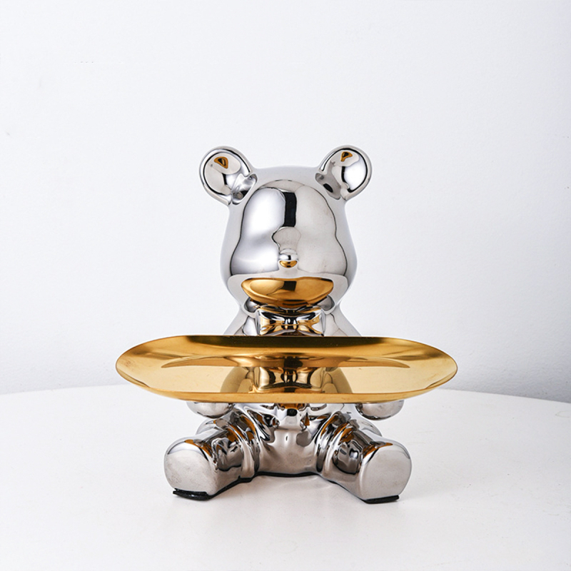 Керамична мечка с поднос - съхранение на ключове, настолна декорация и монетник, прост модерен стил, електроплатиране