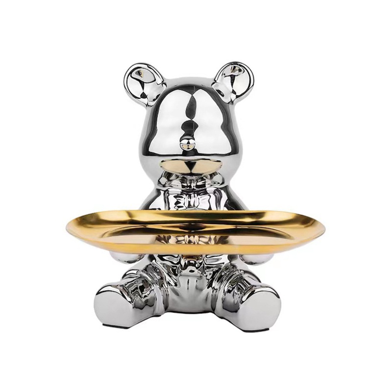 Керамична мечка с поднос - съхранение на ключове, настолна декорация и монетник, прост модерен стил, електроплатиране