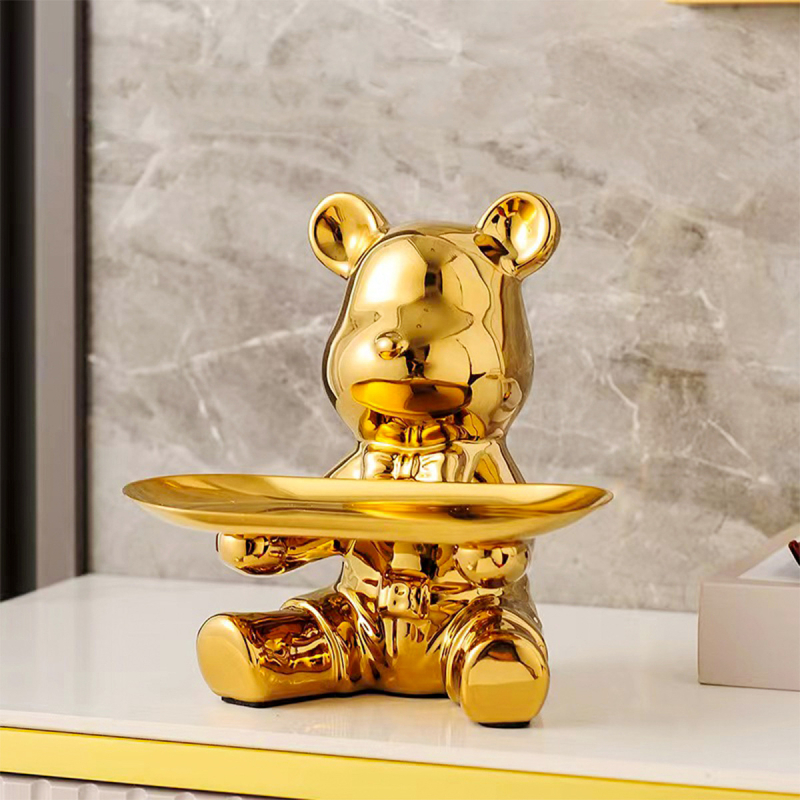 Керамична мечка с поднос - съхранение на ключове, настолна декорация и монетник, прост модерен стил, електроплатиране