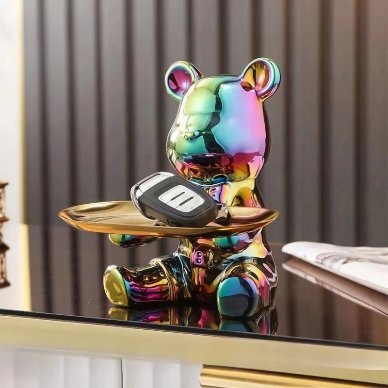 Керамична мечка с поднос - съхранение на ключове, настолна декорация и монетник, прост модерен стил, електроплатиране