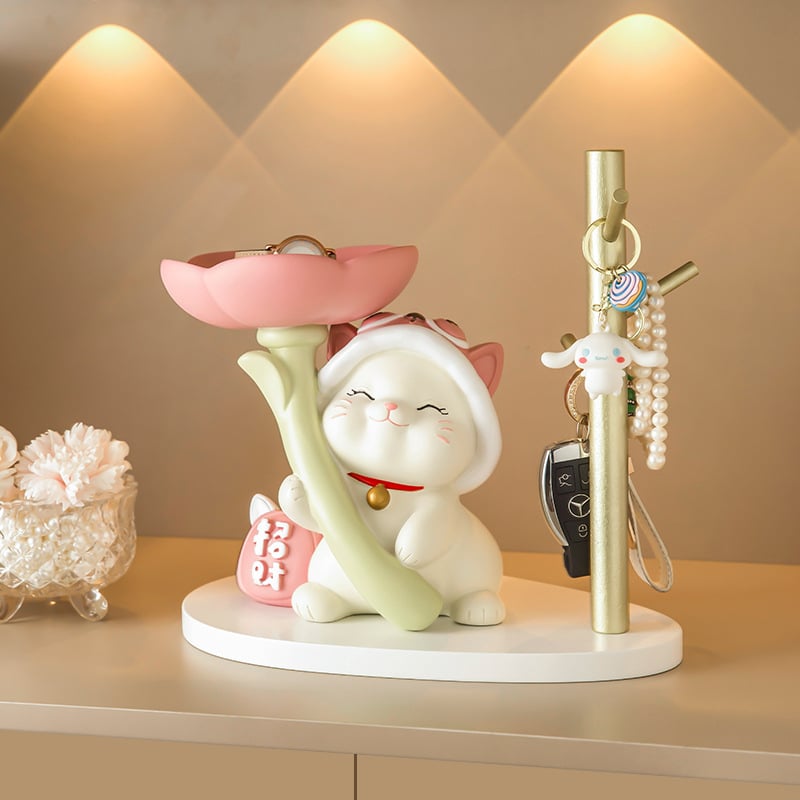 IP-licencirana Flower Cat od smole, podnos za ključeve i ulaznu dekoraciju, inspirirana Maneki-neko, japanski stil
