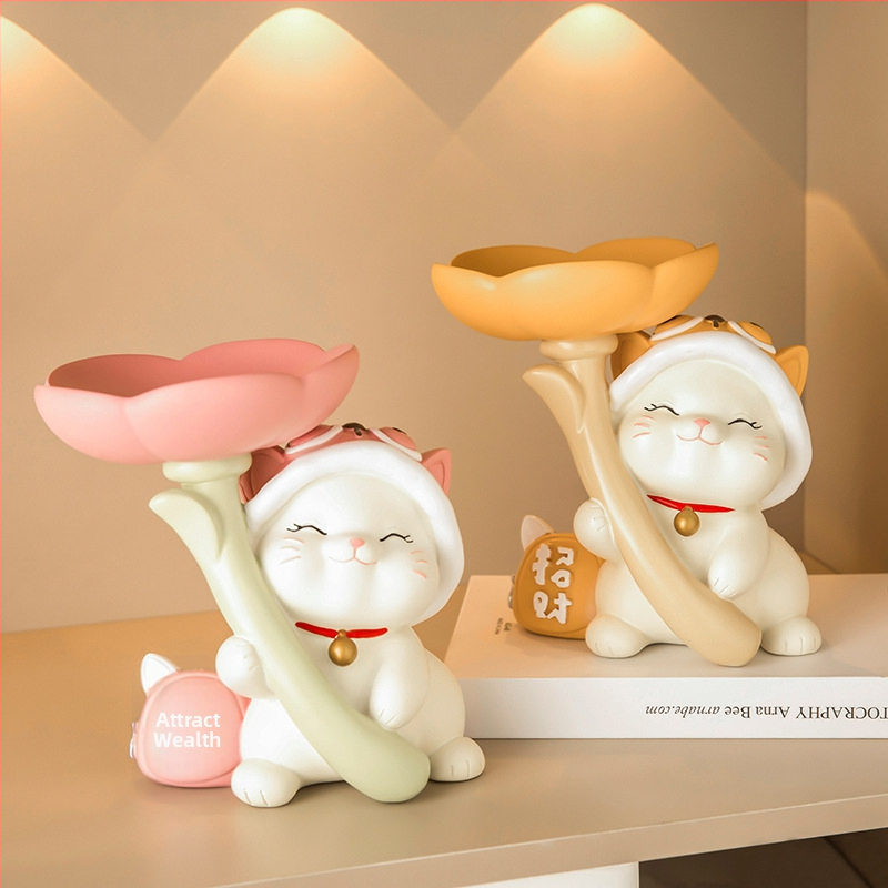 IP-licencirana Flower Cat od smole, podnos za ključeve i ulaznu dekoraciju, inspirirana Maneki-neko, japanski stil
