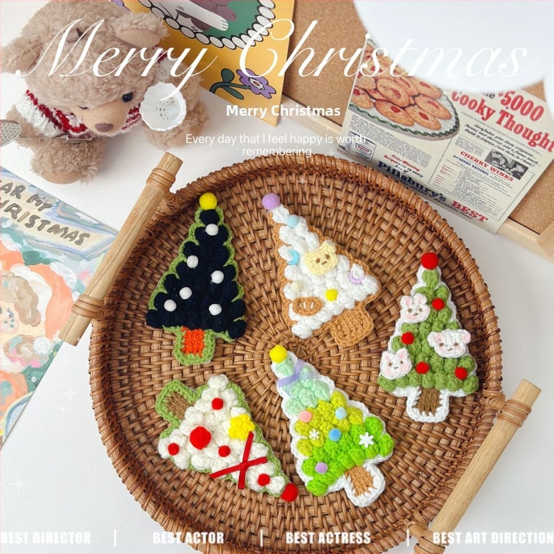 Πλεκτή καρφίτσα μαλλιών για παιδιά, σε σχήμα Χριστουγεννιάτικου δέντρου, από μαλλί, με μοτίβο χριστουγεννιάτικου δέντρου και γεωμετρικό σχήμα, κατάλληλη για ηλικίες 6–10 ετών και άνω