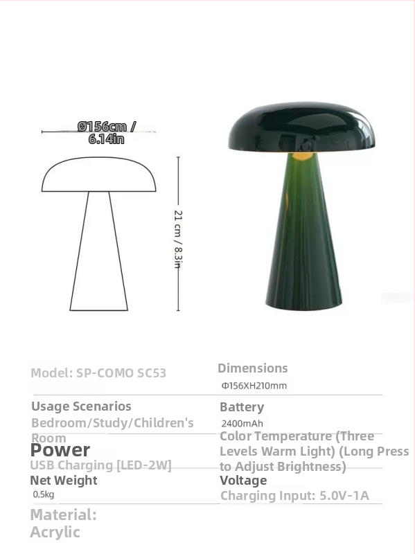 Galdlampa ar sēņu formu, USB uzlādes atmosfēras nakts gaisma, modelis Xy36, plastmasas turētājs, mūsdienīgs minimālisma stils