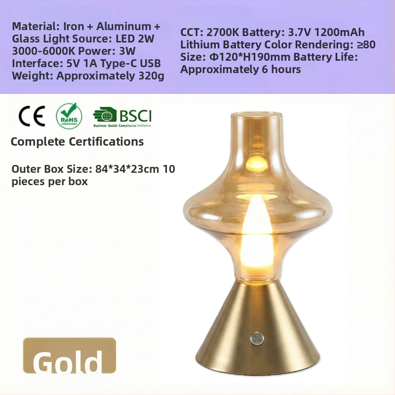 NHCL-020 Antīkā klasiskā stikla galda lampa ar metāla turētāju, pieskāriena dimmer un nakts gaismu