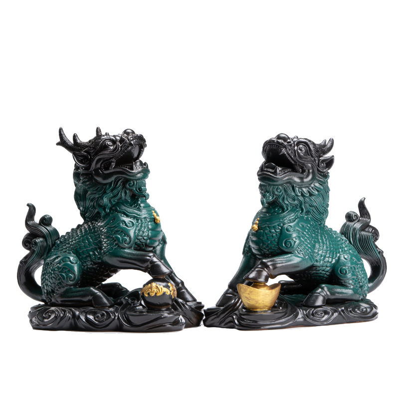 Kirin porculanska para figūra za Feng Shui, ukras dnevnog boravka i ureda — Mad Monkey, životinje, glazura u boji, polu ručna izrada