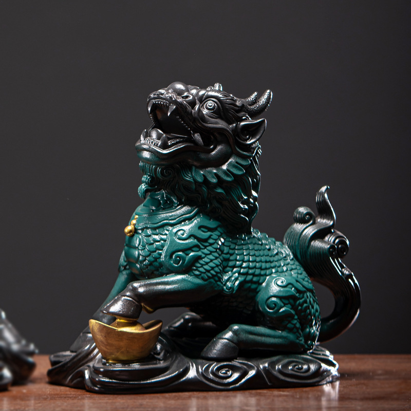 Kirin porculanska para figūra za Feng Shui, ukras dnevnog boravka i ureda — Mad Monkey, životinje, glazura u boji, polu ručna izrada