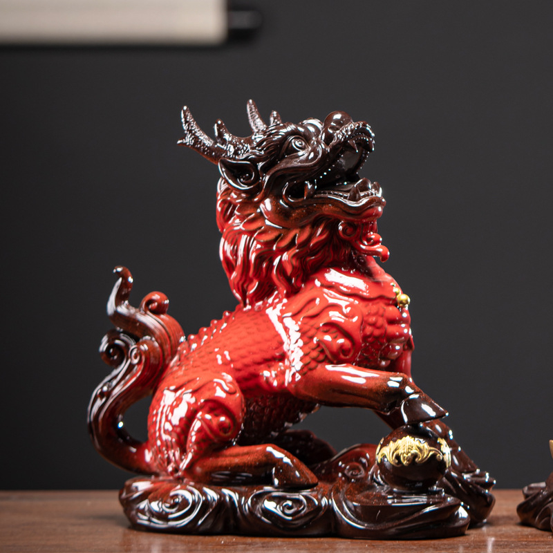 Kirin porculanska para figūra za Feng Shui, ukras dnevnog boravka i ureda — Mad Monkey, životinje, glazura u boji, polu ručna izrada