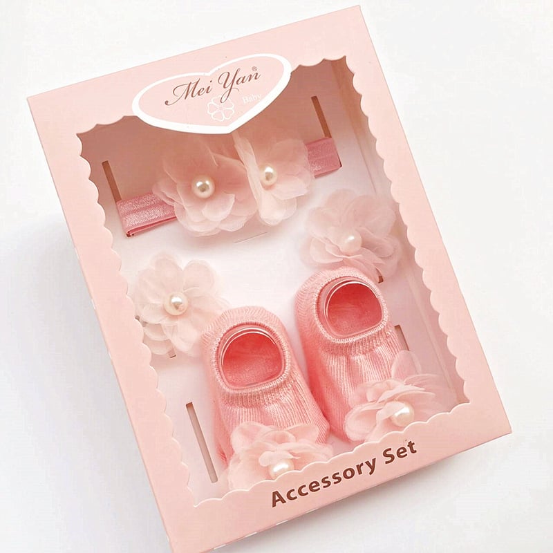 Laste tüdrukute juukse aksessuaaride komplekt – käsitöö, pärlilille motiiviga, printsesside sari; sisaldab juuksebandi, juukseklipse ja väikesi sokke