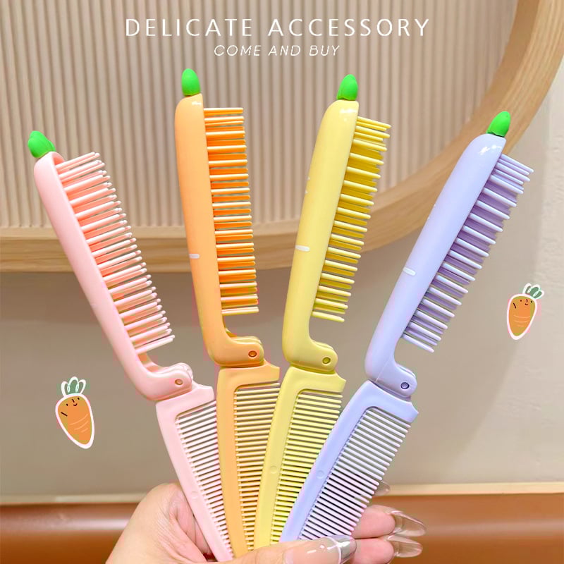 Lastele mõeldud porgandi kujuline kokkupandav kamm pikkadele juustele — kaasaskantav, kaheotstarbeline sirgestamiseks ja lokkide tekitamiseks