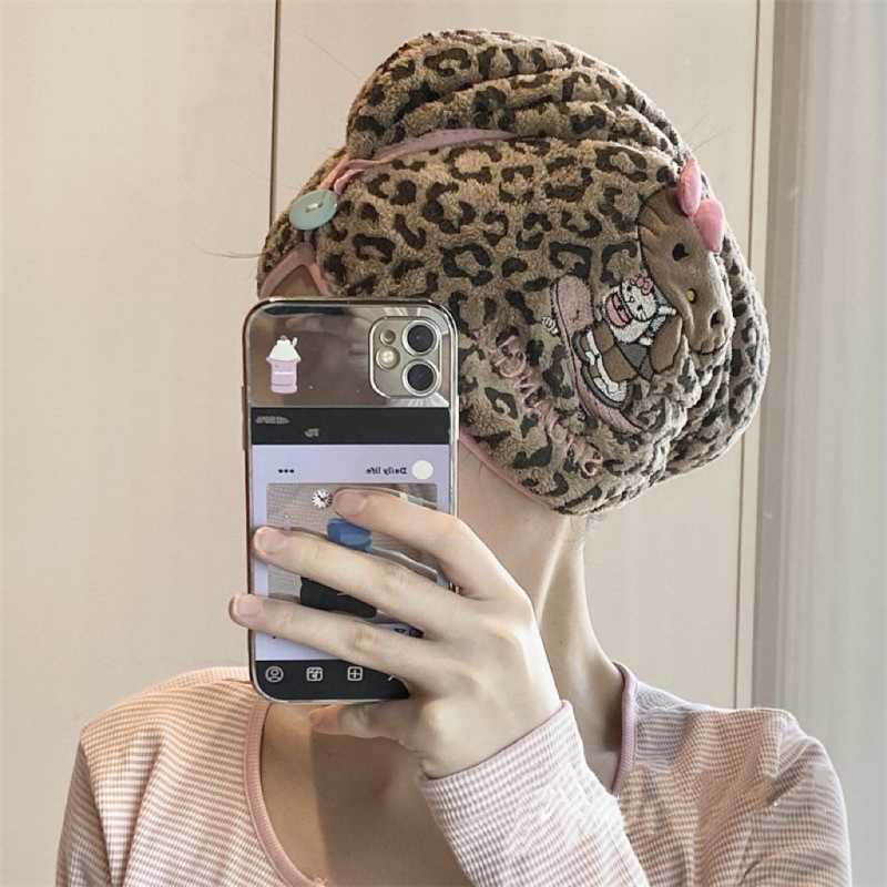 Šešir za sušenje kose od coral fleece s leopard uzorkom – 150D, 80–99 g, izšivanje, šivanje i tisak, prilagodljivo