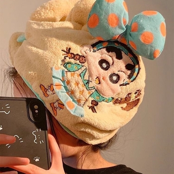 Slatka šivana Shin-Chan kapa za sušenje kose, koralni flis, 150d vlakno, šest vlakana konstrukcija, težina ispod 30 g, 3D mašna turbanu