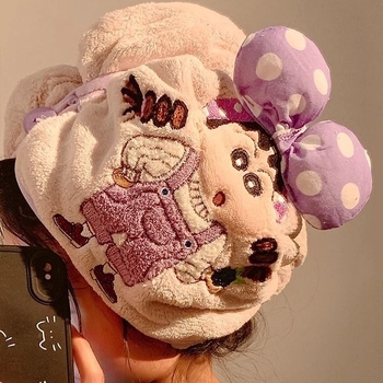 Slatka šivana Shin-Chan kapa za sušenje kose, koralni flis, 150d vlakno, šest vlakana konstrukcija, težina ispod 30 g, 3D mašna turbanu