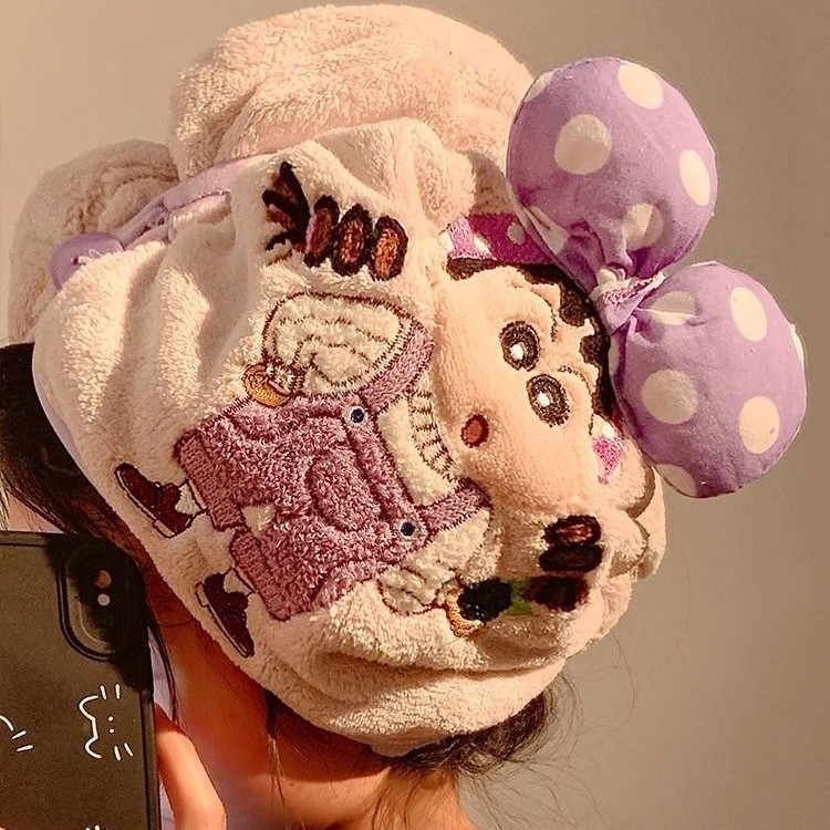 Slatka šivana Shin-Chan kapa za sušenje kose, koralni flis, 150d vlakno, šest vlakana konstrukcija, težina ispod 30 g, 3D mašna turbanu