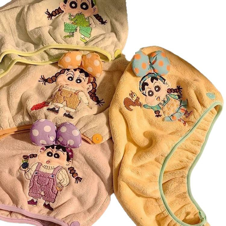 Slatka šivana Shin-Chan kapa za sušenje kose, koralni flis, 150d vlakno, šest vlakana konstrukcija, težina ispod 30 g, 3D mašna turbanu