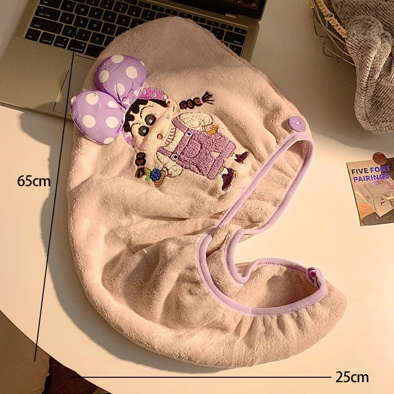Slatka šivana Shin-Chan kapa za sušenje kose, koralni flis, 150d vlakno, šest vlakana konstrukcija, težina ispod 30 g, 3D mašna turbanu