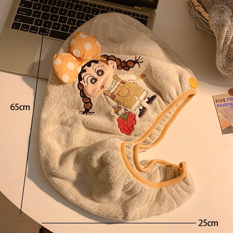 Slatka šivana Shin-Chan kapa za sušenje kose, koralni flis, 150d vlakno, šest vlakana konstrukcija, težina ispod 30 g, 3D mašna turbanu