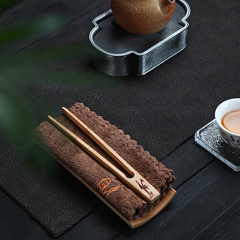 Aksesoari za čajnu ceremoniju – bambusni tročlani set japanskog stila sa klipom za čaj, ručnikom za čaj i držačem lotosa; bambus materijal, moderan stil, otisnuto logo