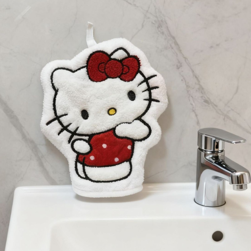 Käterätik korallveluurist, imav, rippuva disainiga, laste multikasug motiiv; materjal: korallveluur polüester; lõngad: 150d; kaal: 30–50 g; töötlemine: tikandid, kontuur; kohandatav