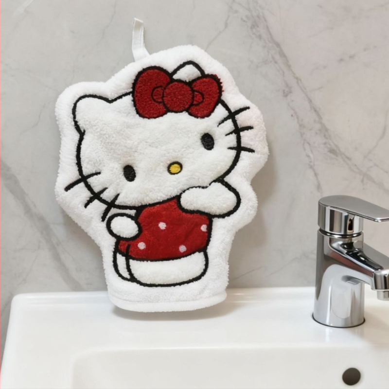 Käterätik korallveluurist, imav, rippuva disainiga, laste multikasug motiiv; materjal: korallveluur polüester; lõngad: 150d; kaal: 30–50 g; töötlemine: tikandid, kontuur; kohandatav