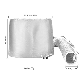 Juuksehoolduse müts fööniga – kuumuskindel materjal, juuksehoolduseks, permile ja värvimisele; kuuma õhu kuivatamine; kaal 50–79 g; õmblustega konstruktsioon