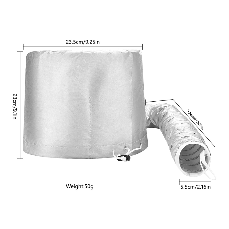 Juuksehoolduse müts fööniga – kuumuskindel materjal, juuksehoolduseks, permile ja värvimisele; kuuma õhu kuivatamine; kaal 50–79 g; õmblustega konstruktsioon