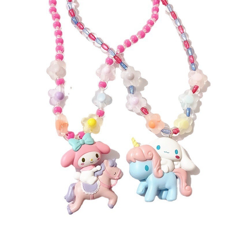 Dječja ogrlica s karikaturama: jednorog, My Melody i Pompompurin; materijal: plastika/smola; lanac: perlov lanac; jednoslojna; za djecu; stil: niša