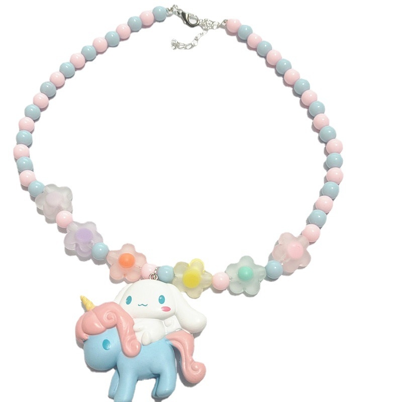 Dječja ogrlica s karikaturama: jednorog, My Melody i Pompompurin; materijal: plastika/smola; lanac: perlov lanac; jednoslojna; za djecu; stil: niša