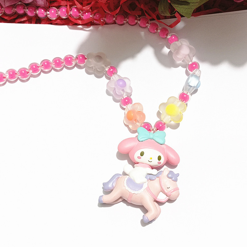 Dječja ogrlica s karikaturama: jednorog, My Melody i Pompompurin; materijal: plastika/smola; lanac: perlov lanac; jednoslojna; za djecu; stil: niša